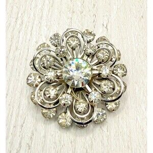 Vintage 1950s Rhinestone Starburst Brooch Silver Tone Floral MCM Pin Crystal